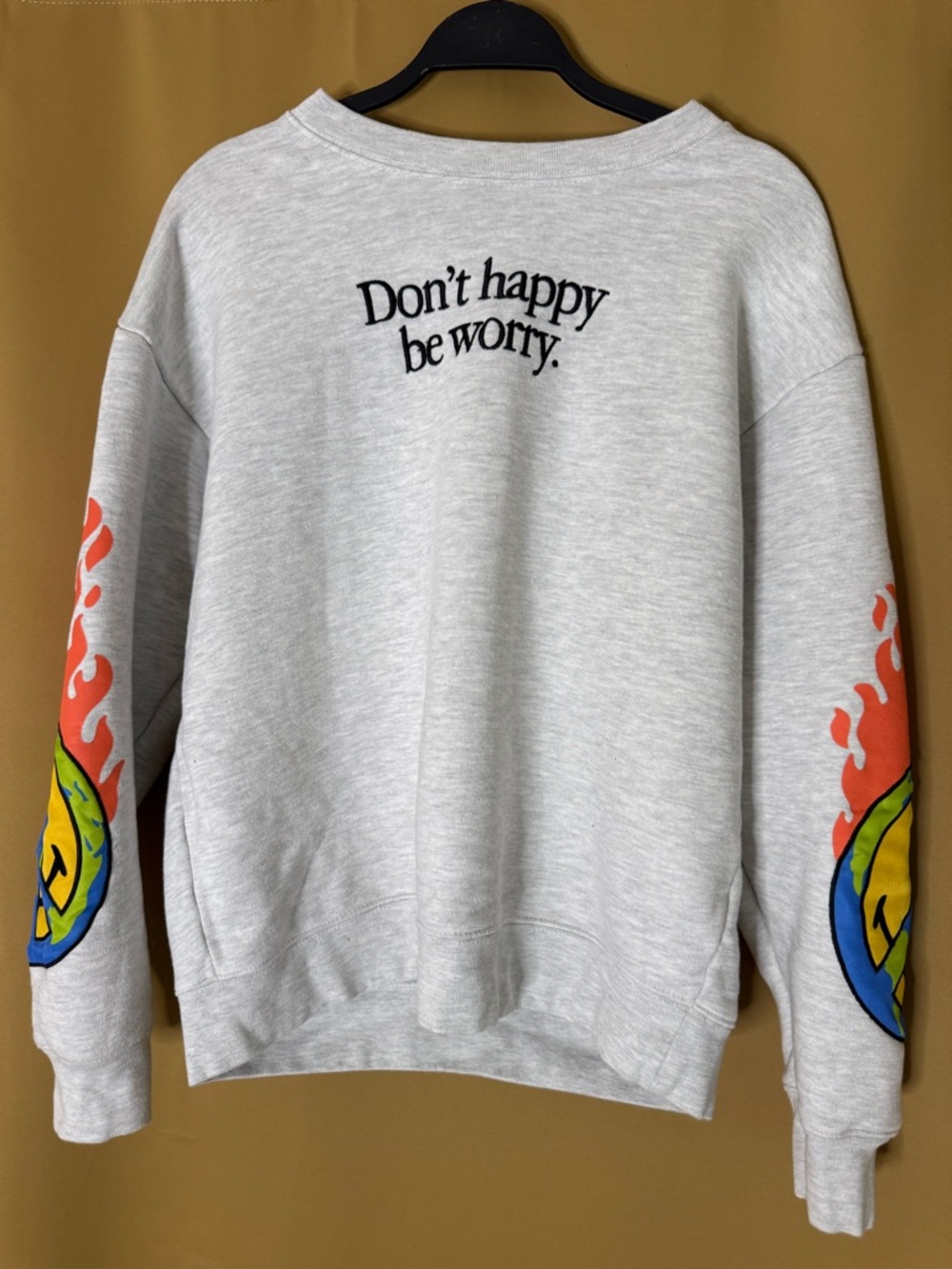 Don't Happy Be Worry Gray Graphic Crewneck Sweater